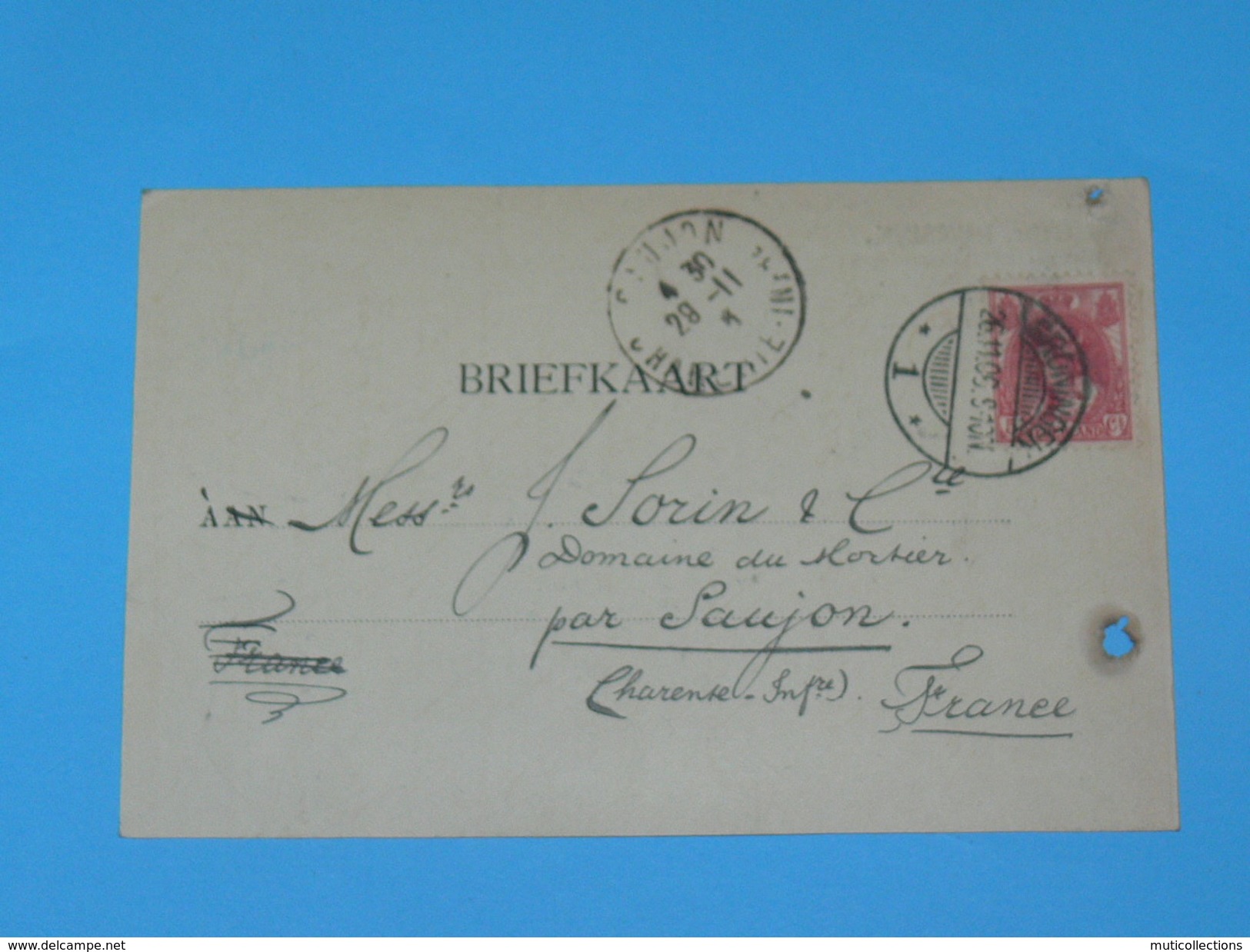 ENTIER POSTAL /Briefkaart  / CARTE POSTALE 1887 / DE GRONINGUEN  AGENTUURZAAK / A SAUJON / COGNAC DOMAINE MORTIER / - Brieven En Documenten