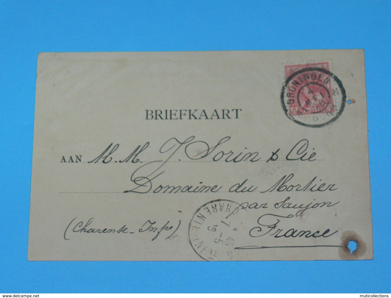 ENTIER POSTAL /Briefkaart  / CARTE POSTALE 1887 / DE GRONINGEN  AGENTUURZAAK / A SAUJON / COGNAC DOMAINE MORTIER / - Brieven En Documenten