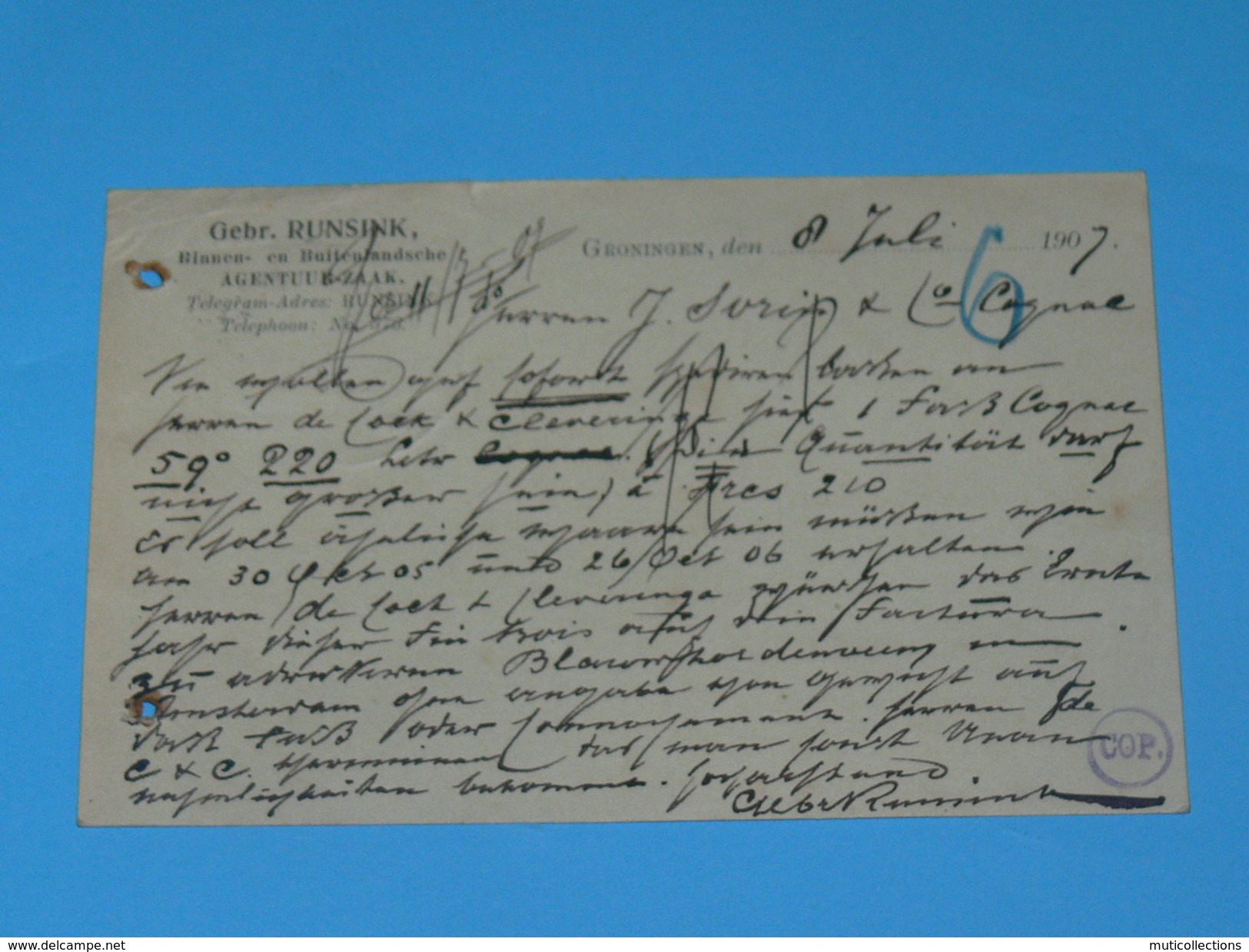 ENTIER POSTAL /Briefkaart  / CARTE POSTALE 1887 / DE GRONINGEN  AGENTUURZAAK / A SAUJON / COGNAC DOMAINE MORTIER / - Brieven En Documenten