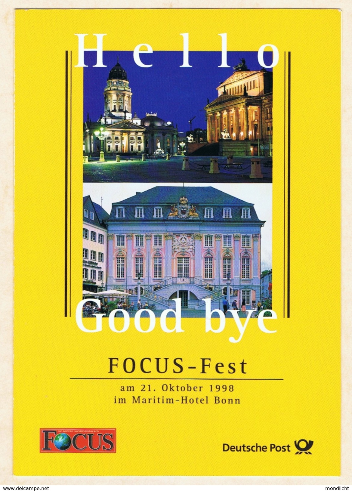Erinnerungskarte: Hello (Berlin) - Goodbye (Bonn). Focus-Fest Bonn, Mit Viererblock Europamarke 1998. - Briefe U. Dokumente