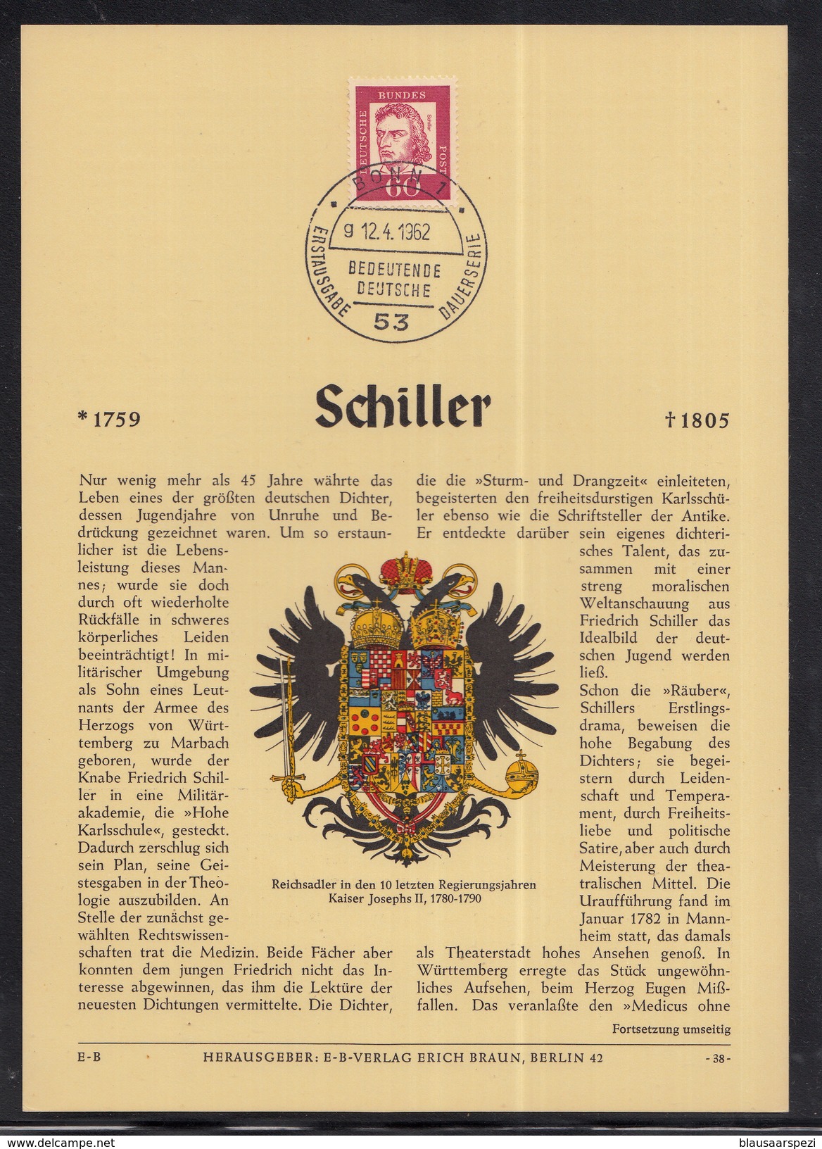 DE 99 ) Herrlicher Privat ETB Erich Braun 1962 - Bedeutende Deutsche "Friedrich Schiller" - Schriftsteller