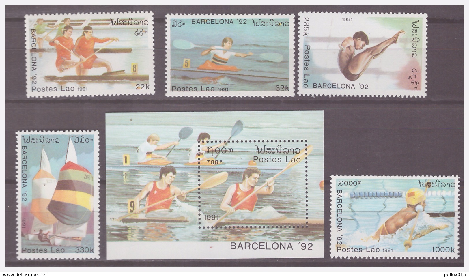 756 Laos 1991 Olympics Barcelona 1992 Sailing Rowing Swimming Canoe + S/S MNH - Sommer 1992: Barcelone