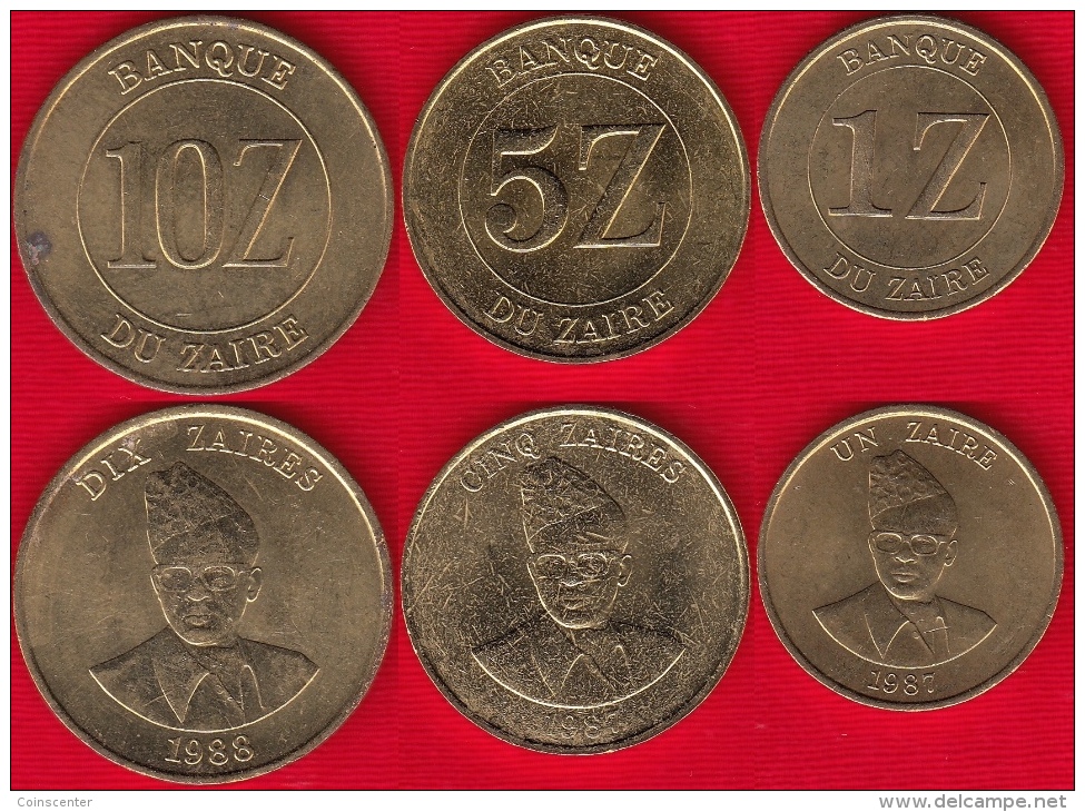 Zaire Set Of 3 Coins: 1 - 10 Zaires 1987-1988 Km#13,14,19 - Zaïre (1971-97)