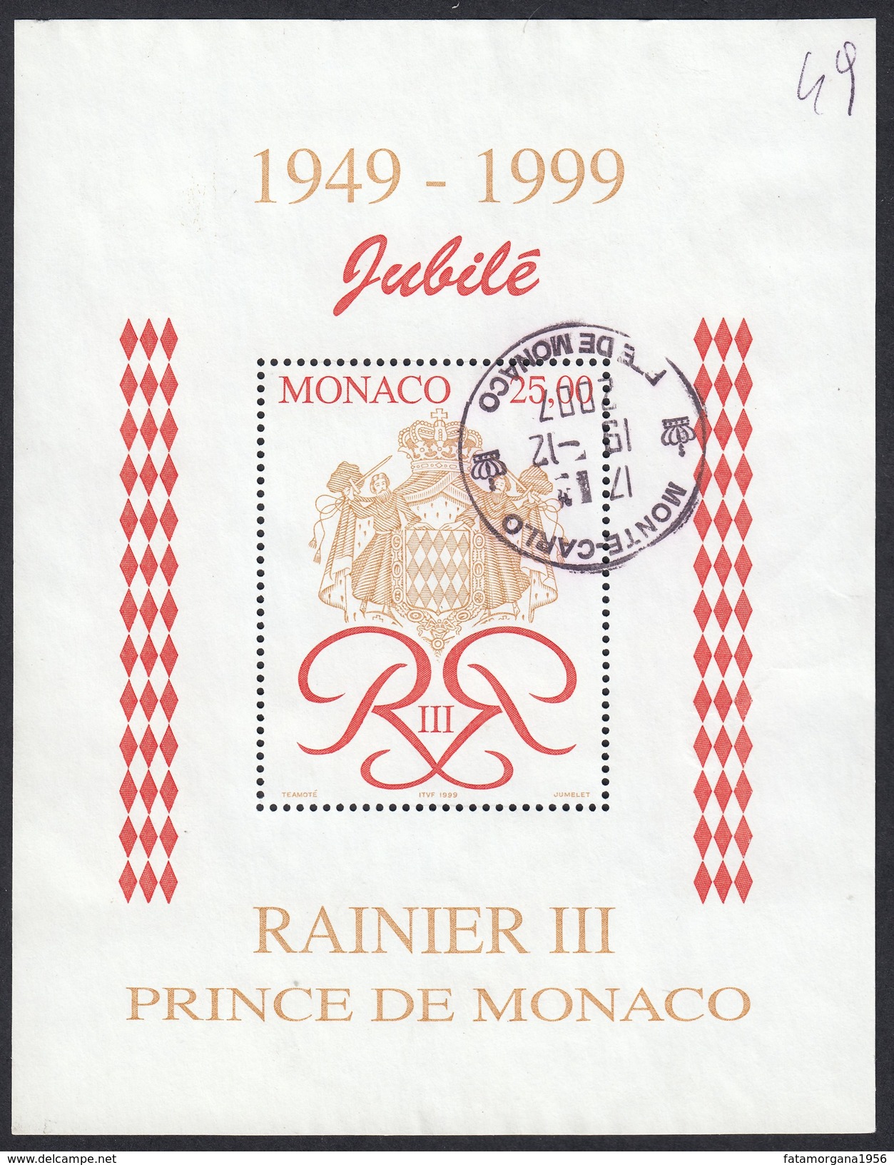 MONACO - 1998 - Giubileo Del Regno Di Rainier III (1949/1999) 25 F, Rosso E Oro. - Blocks & Kleinbögen