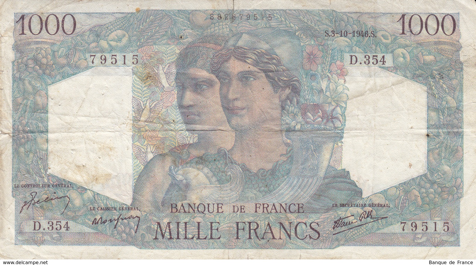 Billet 1000 F Minerve Et Hercule Du 3-10-1946 FAY 41.17 Alph. D.354 - 1 000 F 1945-1950 ''Minerve Et Hercule''