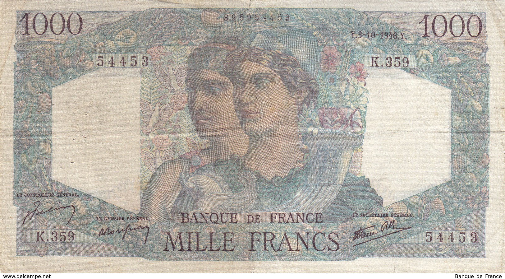 Billet 1000 F Minerve Et Hercule Du 3-10-1946 FAY 41.17 Alph. K.359 - 1 000 F 1945-1950 ''Minerve Et Hercule''