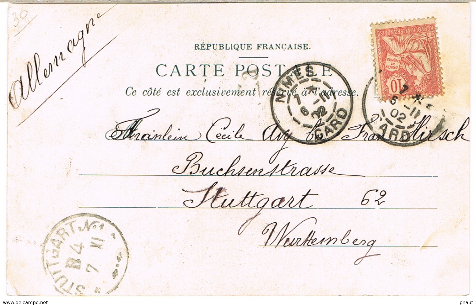 124 MOUCHON SEUL SUR CPA ADRESSEE EN ALLEMAGNE STUTTGART CAD EN ARRIVEE DAGUIN DOUBLE NIMES - 1877-1920: Semi-Moderne