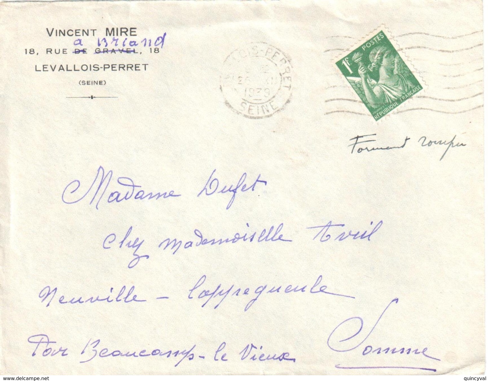 3916 LEVALLOIS PERRET Lettre Entête Vincent Mire  Ob 26 11 1939 Iris  1 F Vert Yv 432 - Lettres & Documents