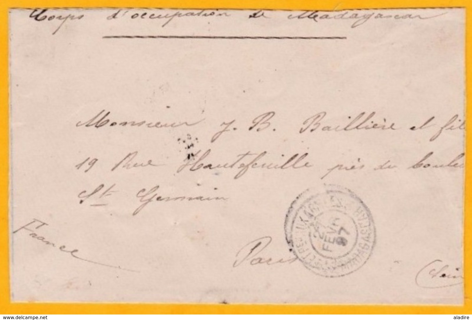 1897 - Enveloppe Vers Paris, France - Corps D' Occupation De Madagascar - Franchise Militaire Cad Arrivée ,Paris Distrib - Lettres & Documents