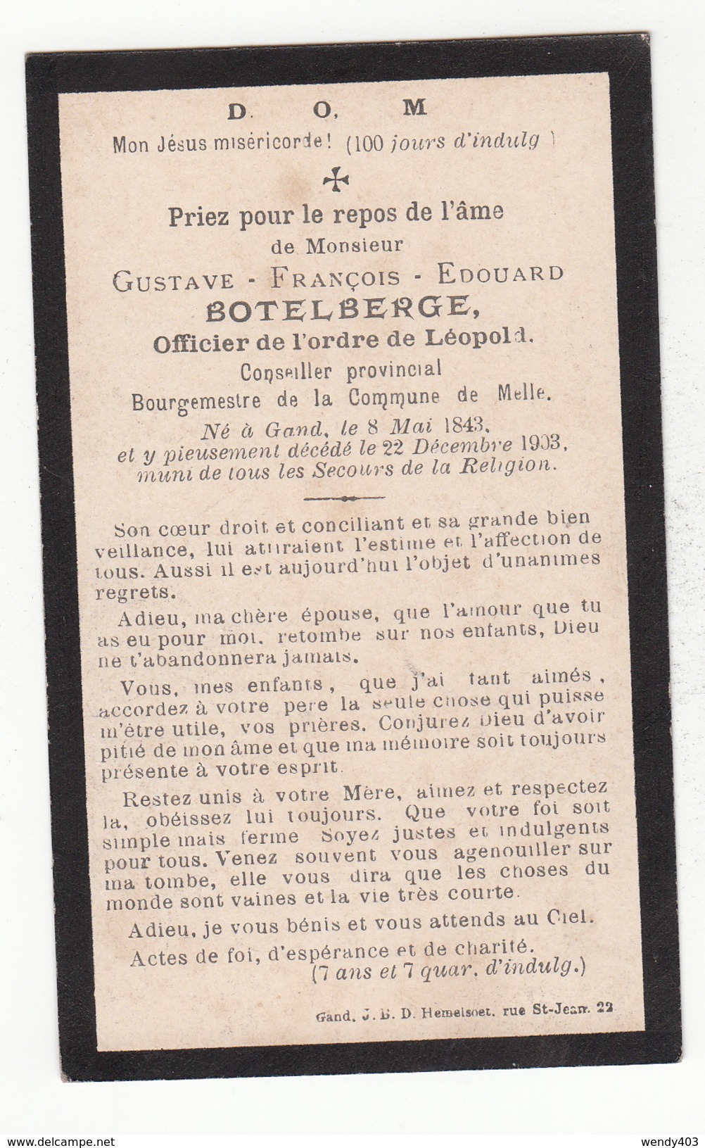 Gustave Botelberge, Officier De L'ordre De Léopold, Bourgemstre De Melle, ° Gent 8/5/1843, Overleden Gent 22/12/1903 - Images Religieuses