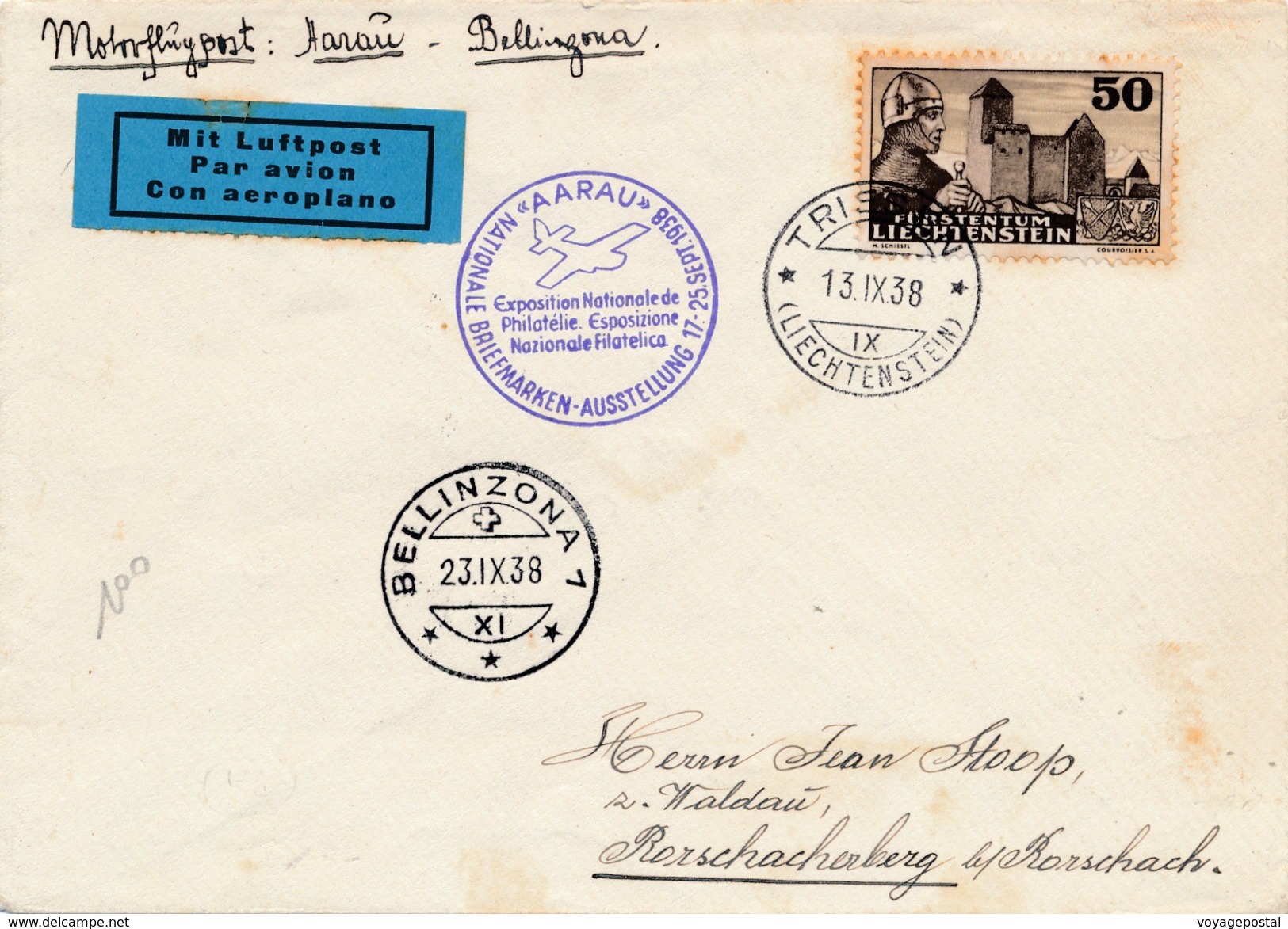 Lettre Triesen Par Avion Aarau Bellinzona - Air Post