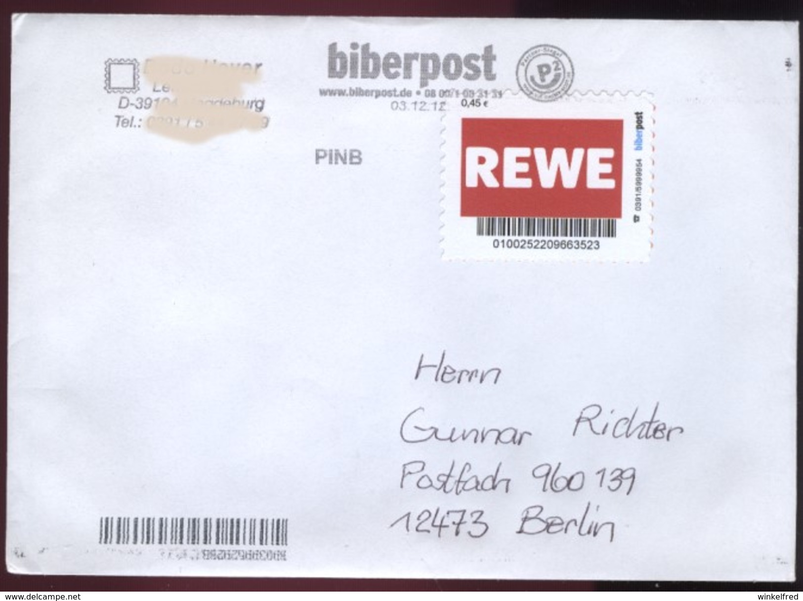 Biber Post REWE (Heftchenmarke) (45) Gez Neues Logo Gel. 03.12.2012 BP065 - Privées & Locales