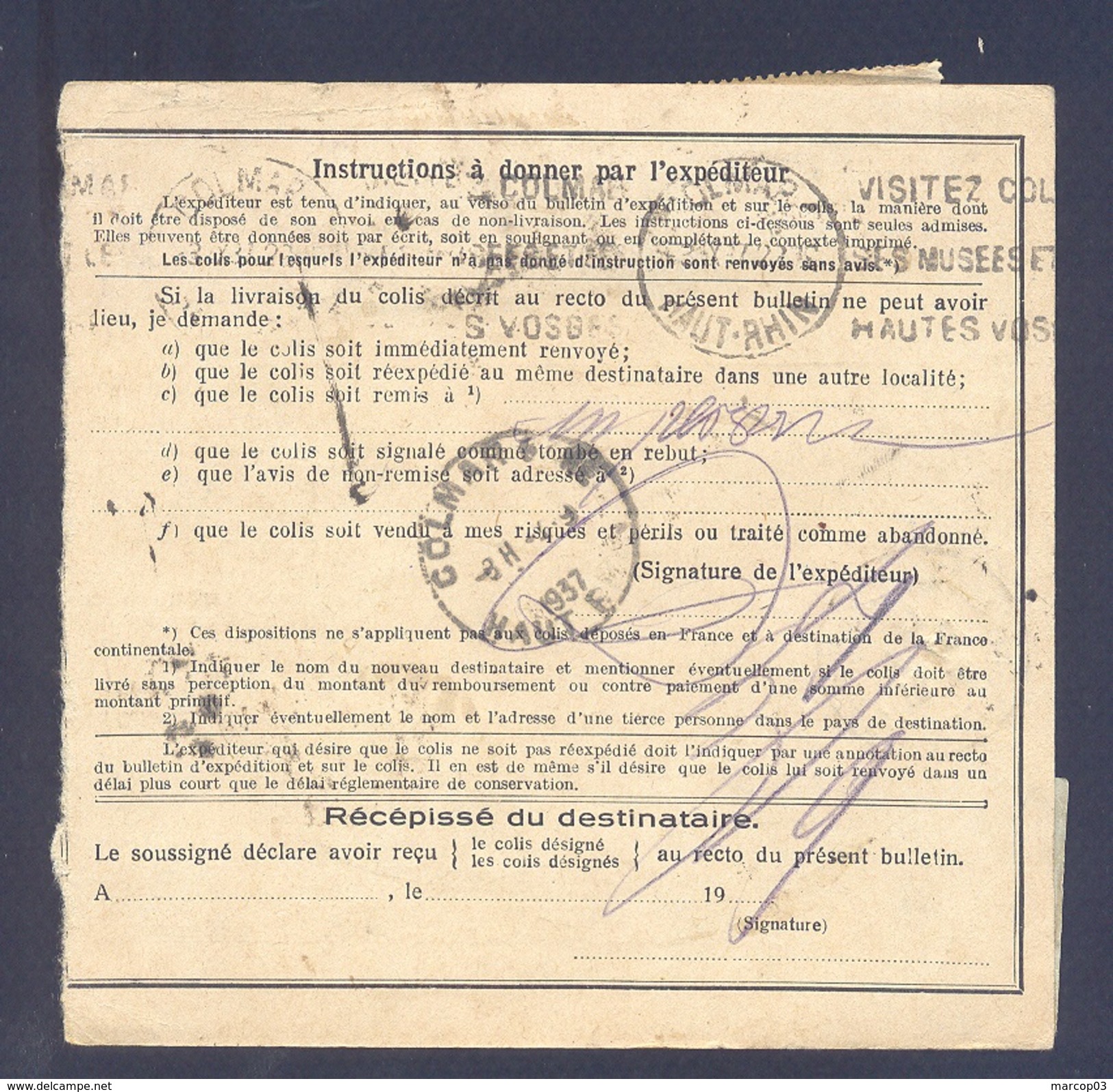 Colis Postal  Alsace Lorraine En Port Dû (pas Courant) De 5 Frs Mulhouse Pour Colmar 03/09/1937 TB - Covers & Documents