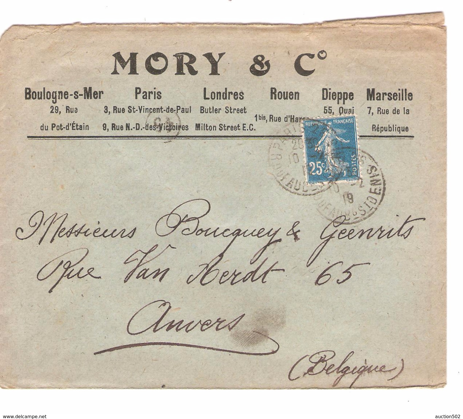 TP Semeuse S/L.à En-tête Mory & C° C.Paris En 1919 V.Anvers Belgique C.d'arrivée PR4682 - 1877-1920: Période Semi Moderne