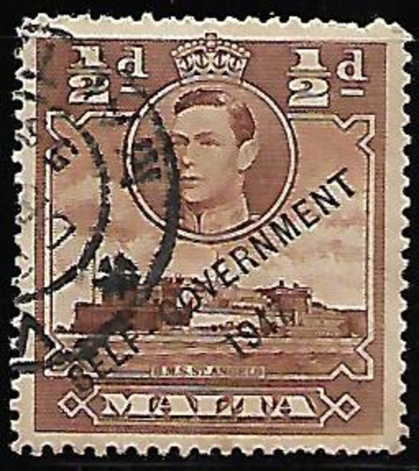 Malta British Colony Commonwealth H.M.S. St. Angelo George KGVI 1/2d Overprinted Used Stamp  #AR:18 - Malta (...-1964)