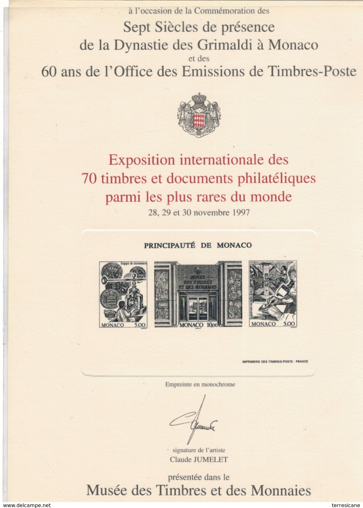 EXPOSITION DES 70 TIMBRES ET DOCUMENTS PLUS RARES MONACO 1996 - Altri & Non Classificati