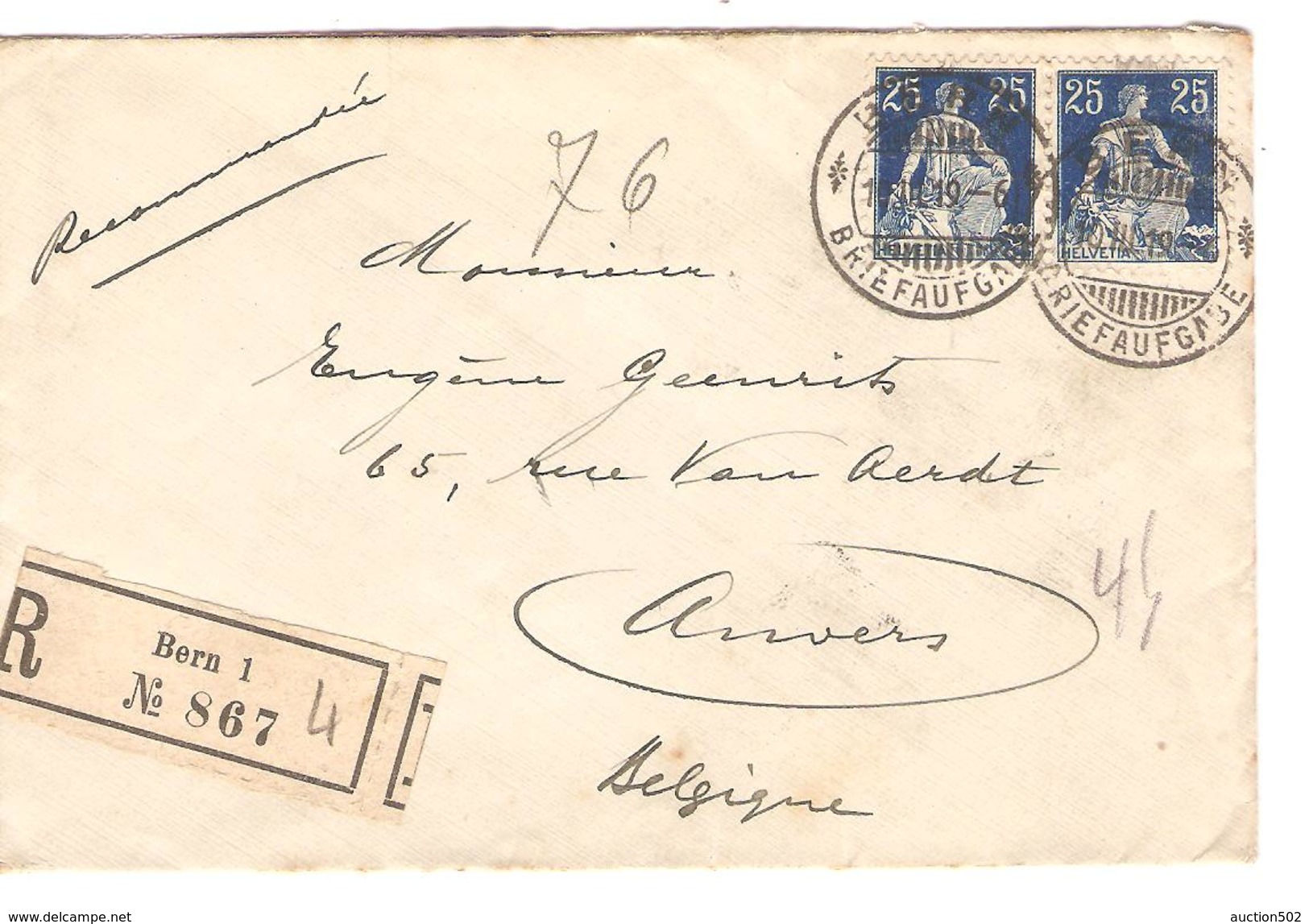 Suisse - Switzerland Registered Cover Bern 1919 To Belgium Antwerp PR4686 - Marcophilie