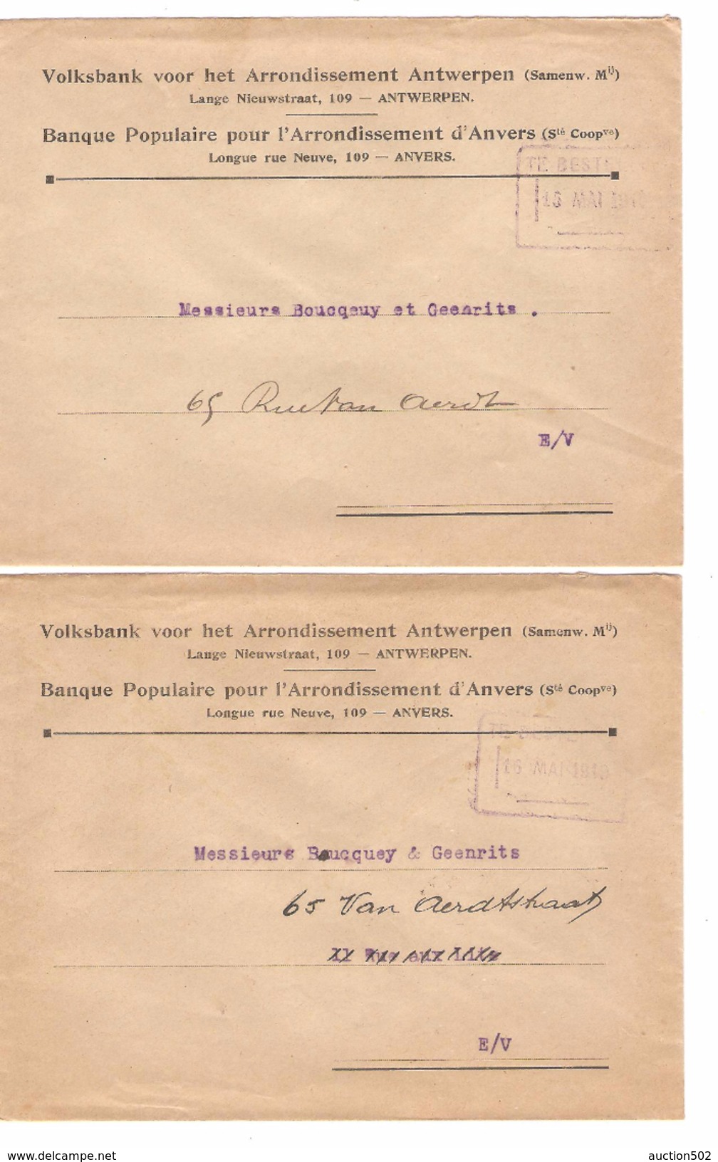 2 Lettres - Omslagbrieven Banque Populaire-Volksbank C.Fortune ? Te Bestellen 15&16 Mai 1919 V.E/V PR4688 - Fortune Cancels (1919)