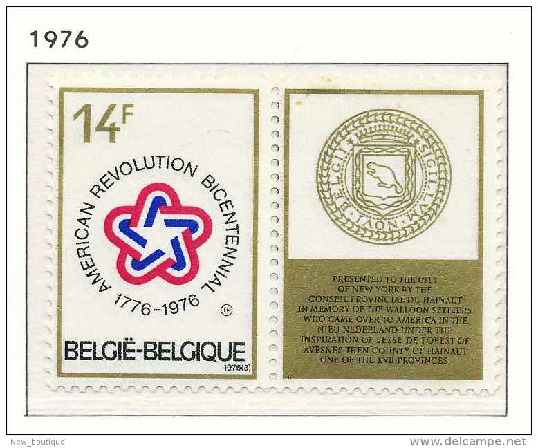 NB- [1797] Belgique 1976, 200 Ans De La Révolution Américaine, Symbole Et Sceau De L'Etat De New York,  Avec Vignette Sa - Unabhängigkeit USA