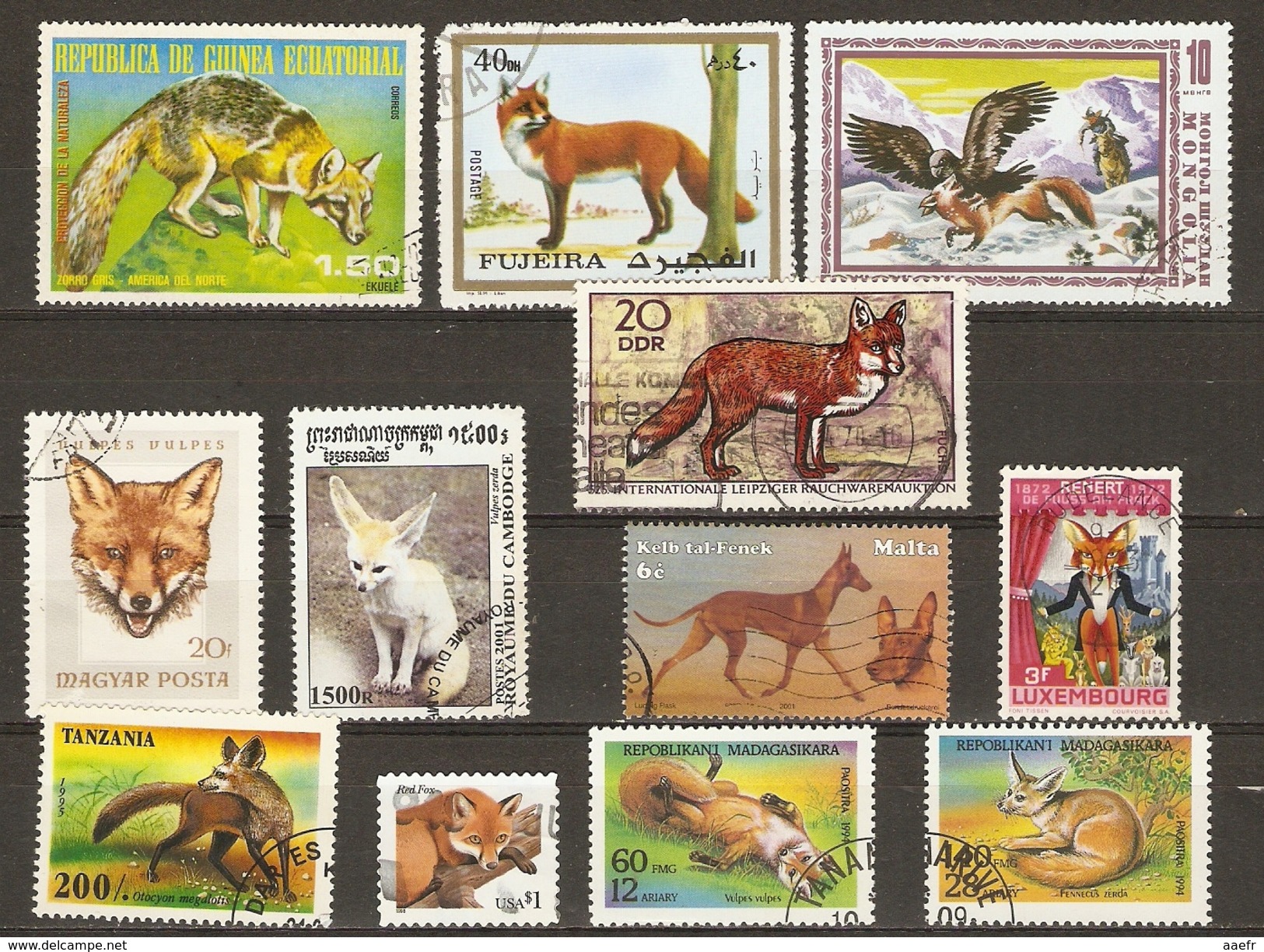 Renards -  Petit Lot De 12 Timbres° - Vulpes Vulpes - Vulpes Zerda - Fennec - Zorro Gris - Red Fox - Alla Rinfusa (max 999 Francobolli)