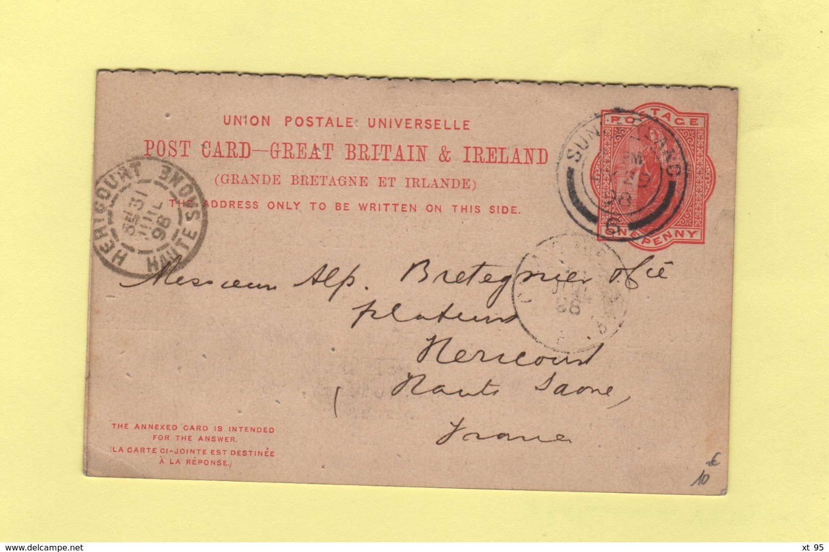 Entier Postal Avec Carte Reponse - Sunderland Pour Hericourt - 1896 - Luftpost & Aerogramme