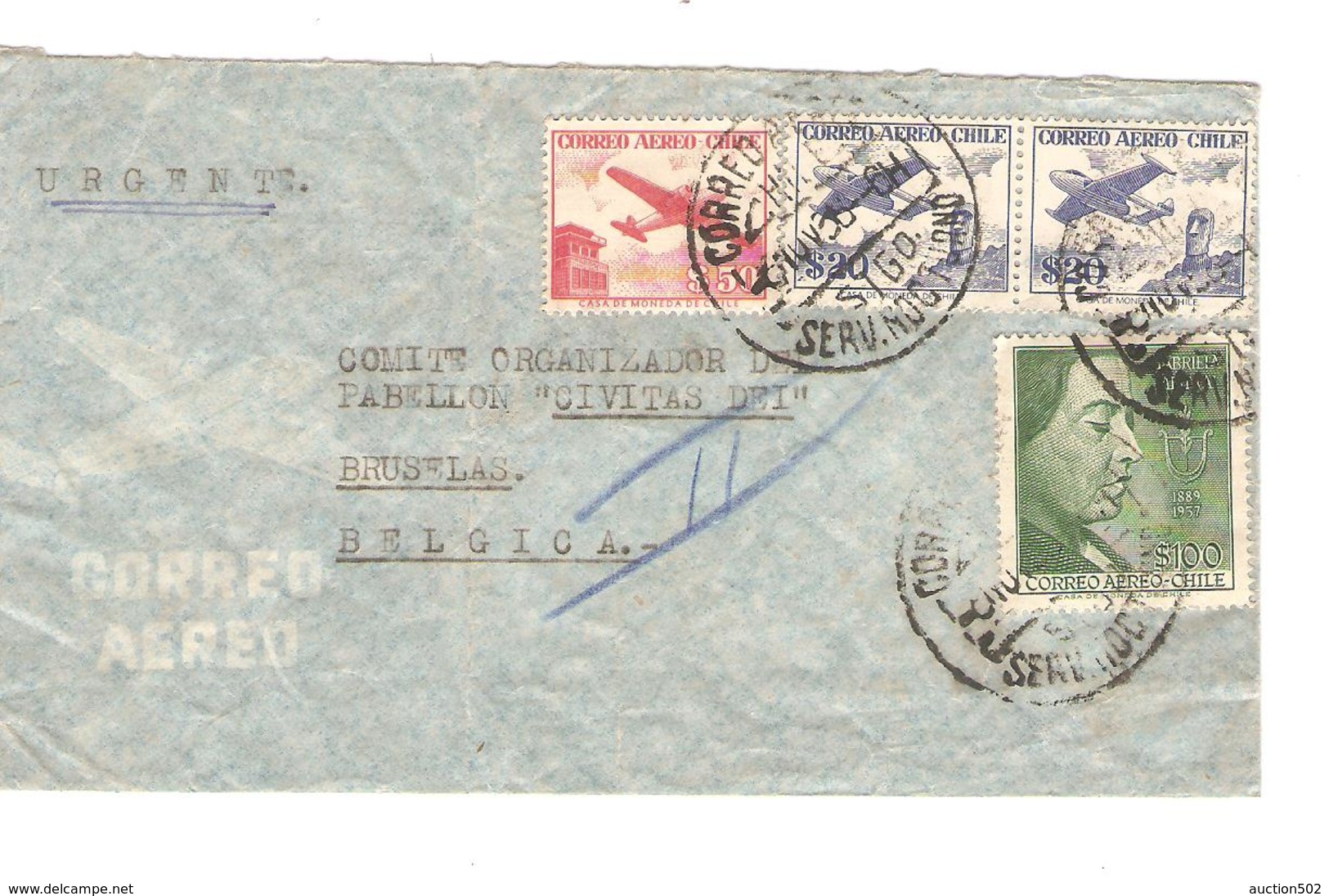 Chile-Chili Air Mail Cover C.Santiago De Chile 1958 To Belgium Brussels Arrival Canc.12/11/1958 PR4699 - Chili