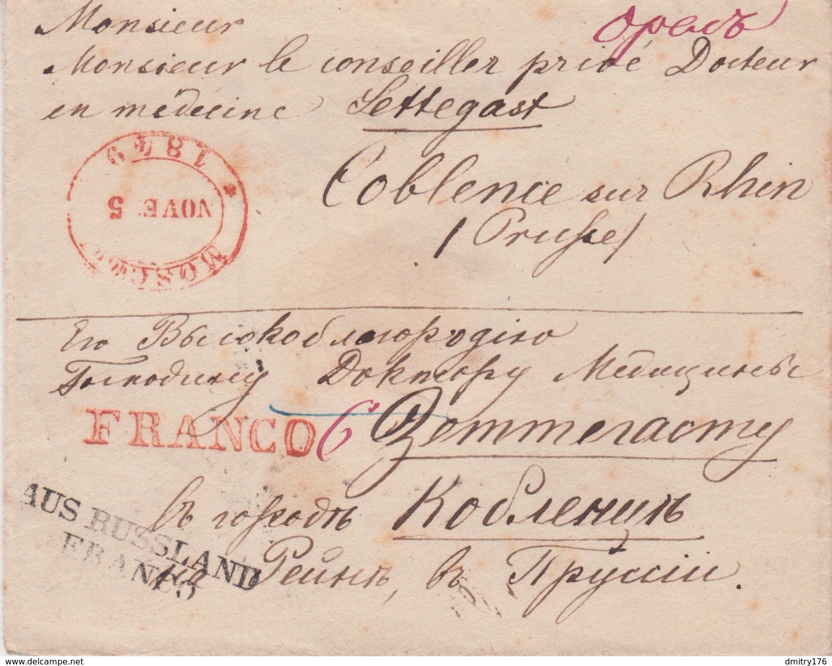 Russia-Germany Postal History . Orel To Koblenz Via Moscow . Franco Transit Postmark - ...-1857 Vorphilatelie