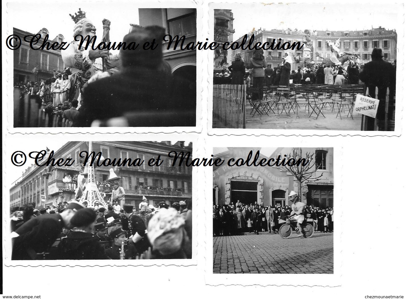 NICE 1949 - CARNAVAL - FACADE GARAGE NEDEY - EMPLACEMENT ORPHELINATS - CHARS - ALPES MARITIMES - LOT DE 4 PHOTOS - Places