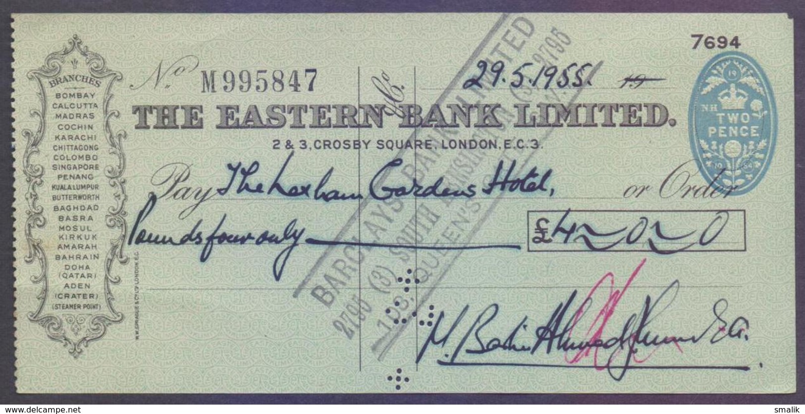 Great Britain UK GB - The Eastern Bank Limited, Old Cheque, Embossed 2 PENCE Stamp (19 NH 1054) Used 29.5.1955 - Other & Unclassified