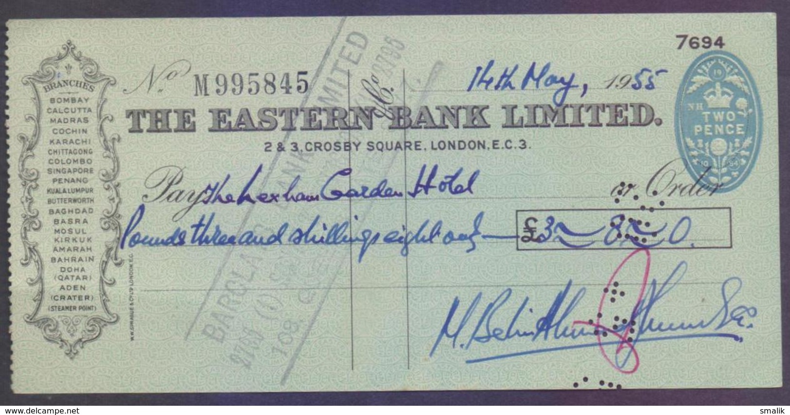 Great Britain UK GB - The Eastern Bank Limited, Old Cheque, Embossed 2 PENCE Stamp (19 NH 1054) Used 14.5.1955 - Andere & Zonder Classificatie