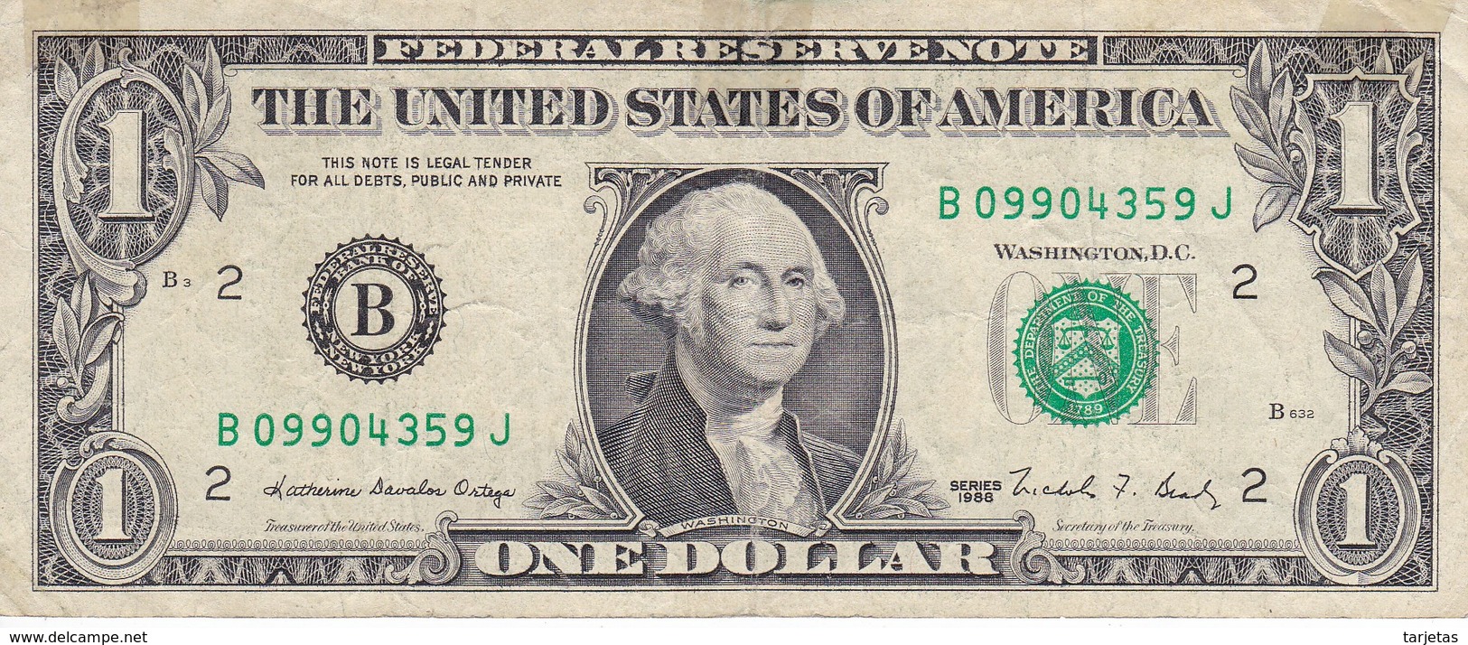 BILLETE DE ESTADOS UNIDOS DE 1 DOLLAR DEL AÑO 1988 LETRA B  NEW YORK  (BANK NOTE) - Billetes De La Reserva Federal (1928-...)