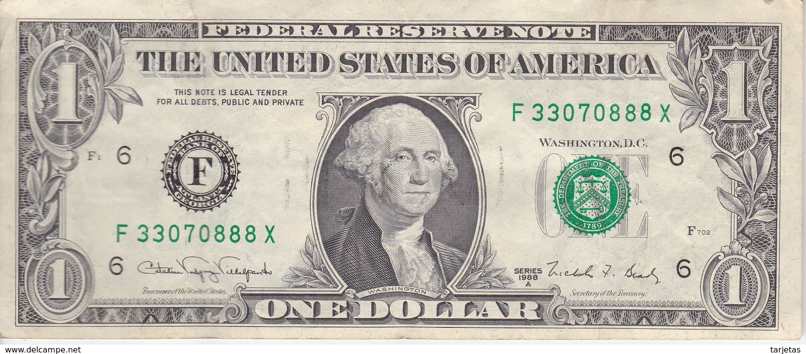 BILLETE DE ESTADOS UNIDOS DE 1 DOLLAR DEL AÑO 1988 LETRA F  ATLANTA   (BANK NOTE) - Federal Reserve Notes (1928-...)