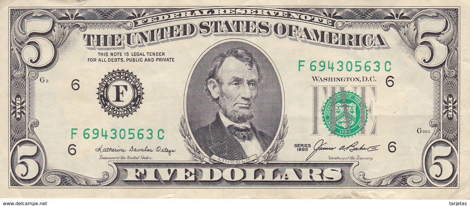 BILLETE DE ESTADOS UNIDOS DE 5 DOLLARS DEL AÑO 1985 LETRA F  ATLANTA  (BANK NOTE) - Billetes De La Reserva Federal (1928-...)