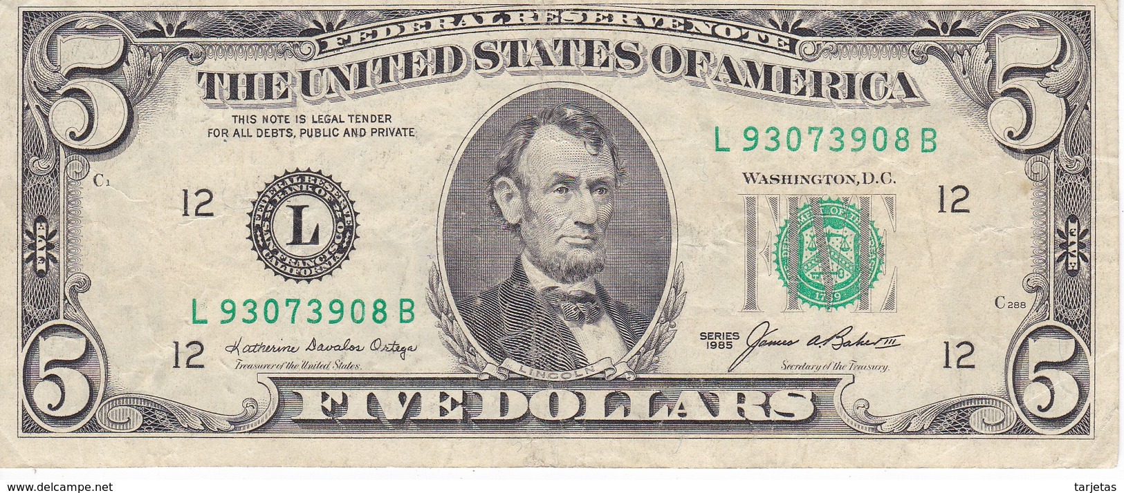 BILLETE DE ESTADOS UNIDOS DE 5 DOLLARS DEL AÑO 1985 LETRA L  SAN FRANCISCO  (BANK NOTE) - Federal Reserve (1928-...)