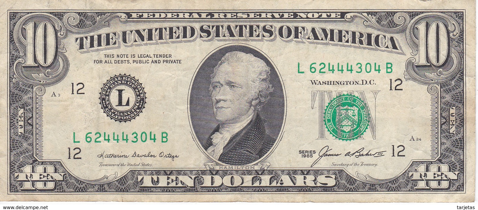 BILLETE DE ESTADOS UNIDOS DE 10 DOLLARS DEL AÑO 1985 LETRA L  SAN FRANCISCO  (BANK NOTE) - Billetes De La Reserva Federal (1928-...)