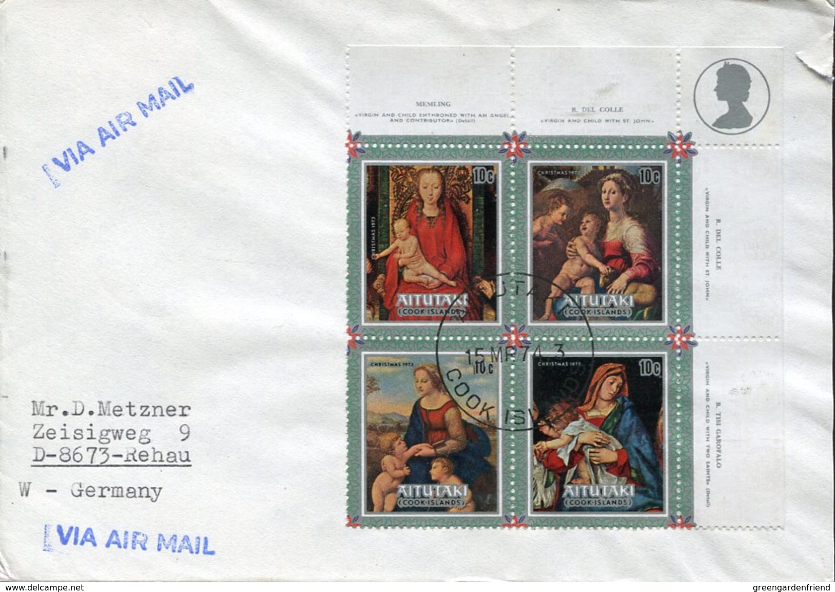 21900 Aitutaki, Circuled Registered Cover With Set Of Stamp Christmas 1974 Painting So Memling +garofalo - Altri & Non Classificati