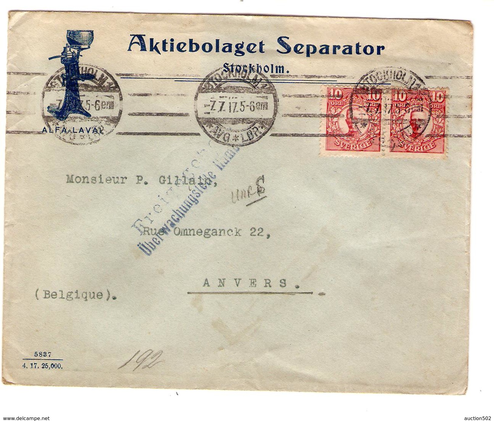 Sweden - Suède Cover From Stockholm 1917 Censored To Belgium Anvers - Antwerpen PR4705 - Lettres & Documents