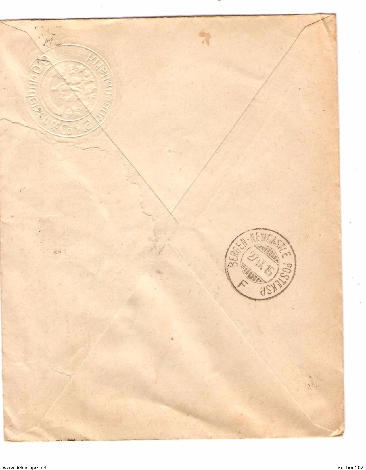 Norge-Norvège Cover From Kristiansand 22/9/1915 Backside Bergen-Newcastle Posteksp 27/9/15  Censored To Belgium PR4706 - Briefe U. Dokumente