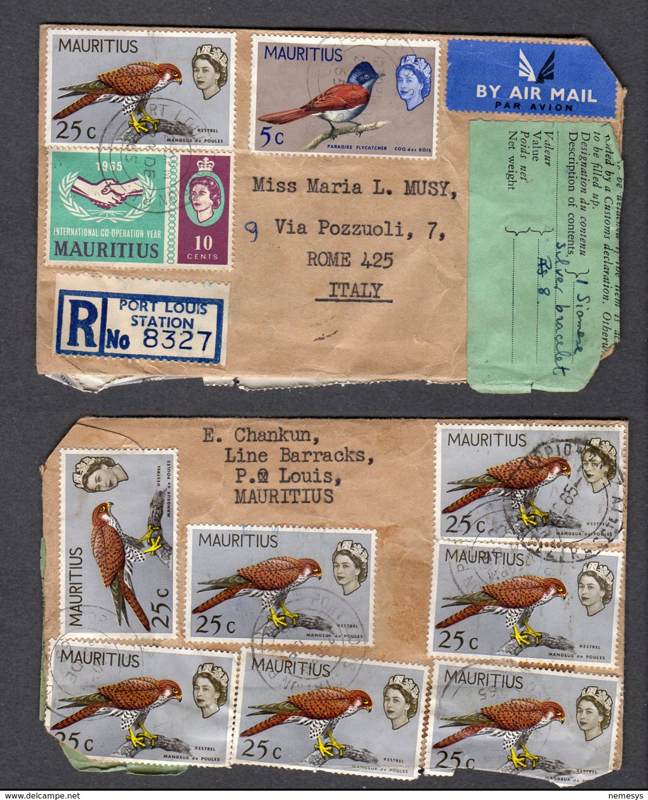 1965 MAURITIUS POSTAL MAIL TO ITALY WITH BIRDS KESTREL, PARADISE FLYCATCHER STAMPS ON FRONT AND BACK VERY NICE - Adler & Greifvögel