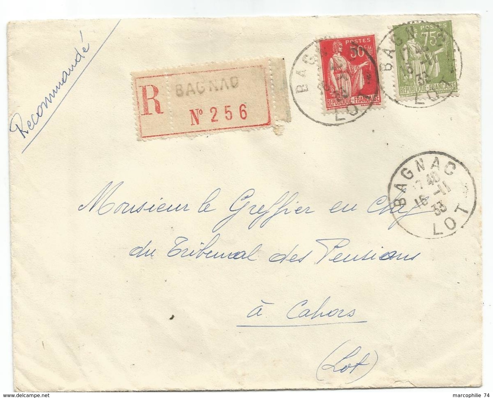 PAIX 75C+50C LETTRE FRANCHISE RECOM BAGNAC 15.11.1933 LOT - 1932-39 Frieden