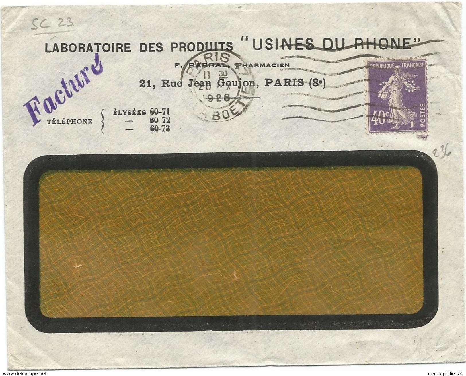 SEMEUSE 40C VIOLET PERFORE SC LETTRE FENETRE ENTETE LABORATOIRE USINES DU RHONE PARIS 8E 1928 - Sonstige & Ohne Zuordnung