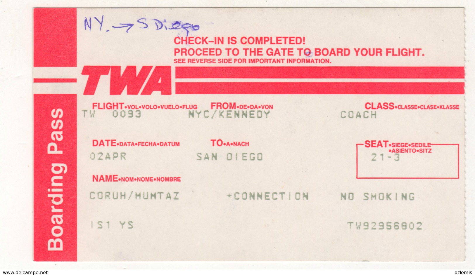 TWA AIRLINES BOARDING PASS - Tickets
