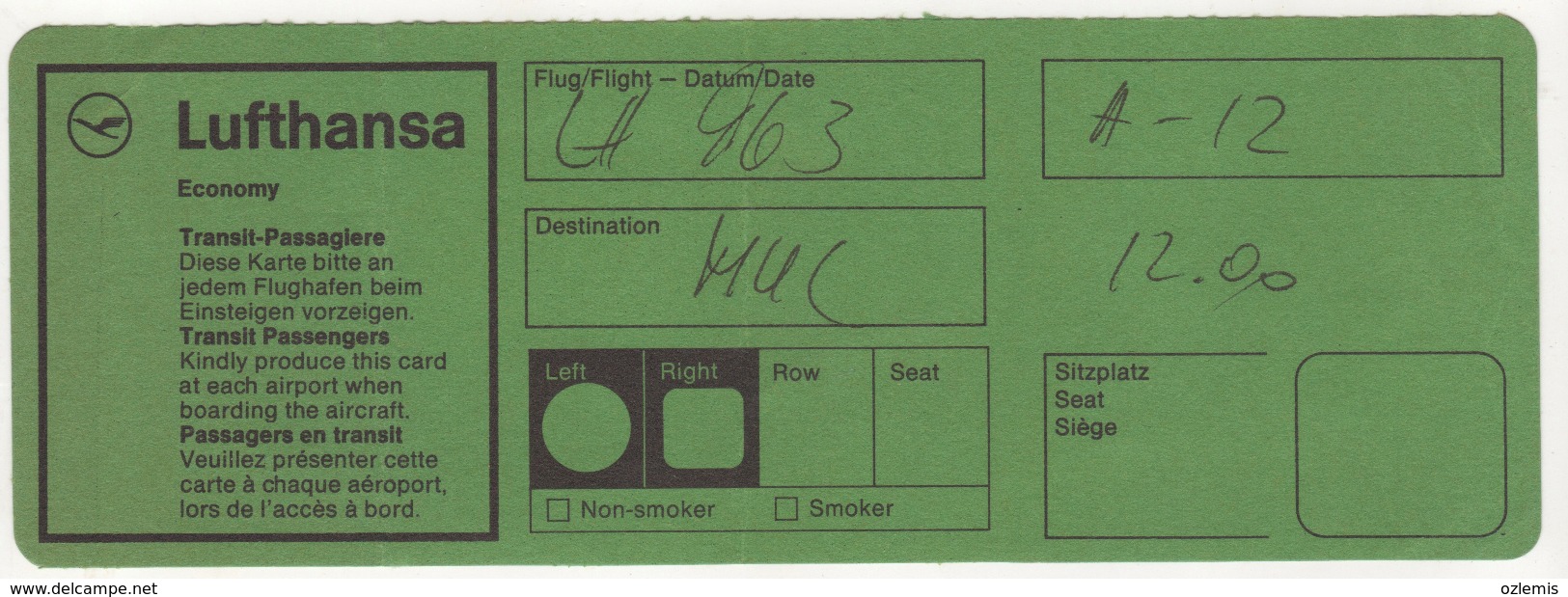 LUFTHANSA   AIRLINES BOARDING PASS - Tickets