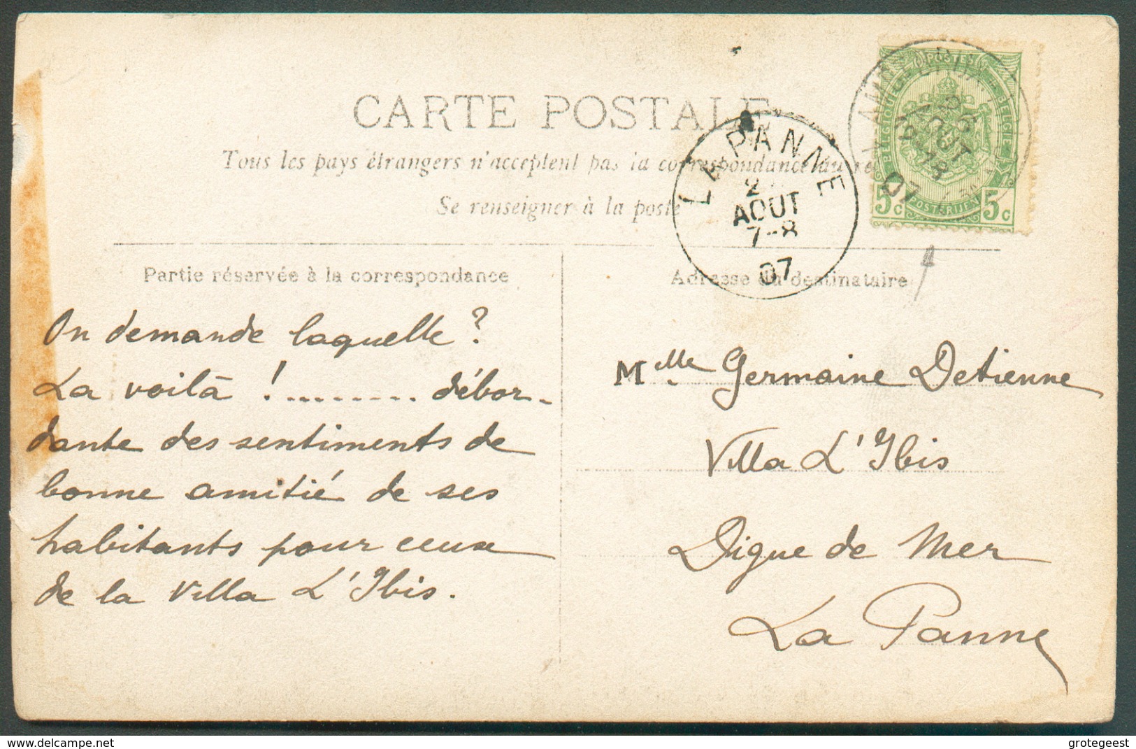 CV Obl. Sc Ambulant BRUX-ARLON N°2 Du 26 Août 1907 Vers La Panne (>villa Louise) - 11816 - Ambulanti