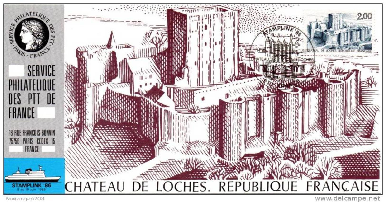 028 Carte Officielle Exposition Internationale Exhibition Stamplink 1986 France FDC Château De Loches Schloss Castle - Expositions Philatéliques