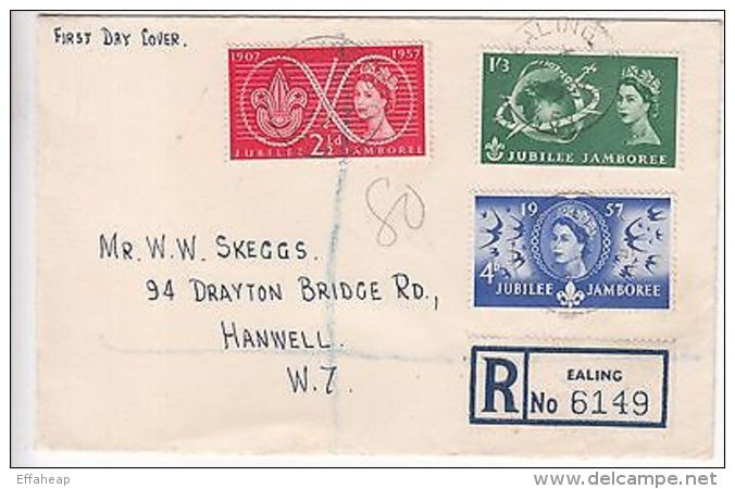 GB: World Scout Jubilee Jamboree, Registered FDC, Ealing To Hanwell, 1 Aug 1957 - 1952-1971 Pre-Decimal Issues