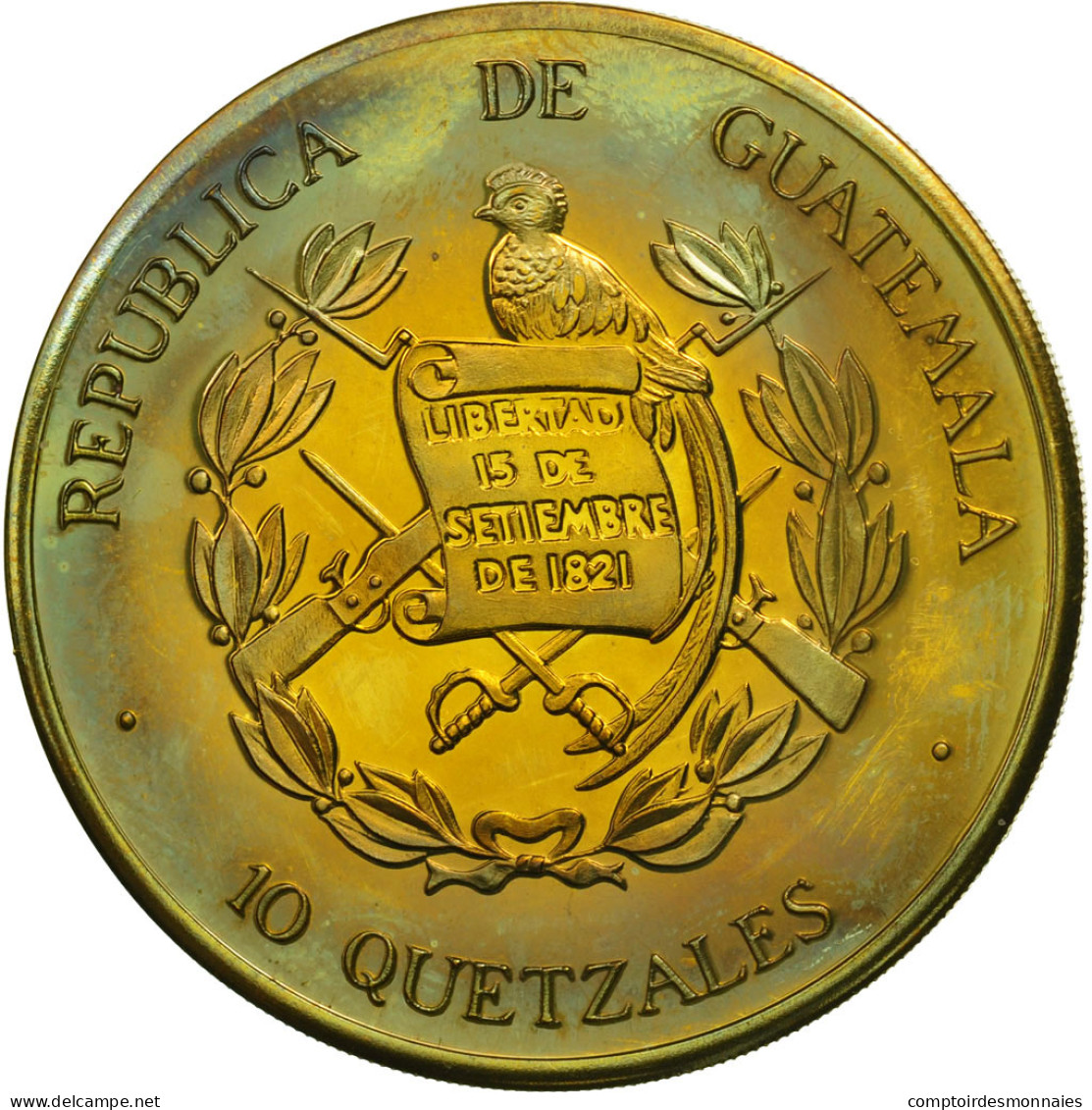 Monnaie, Guatemala, 10 Quetzales, 1995, Tower, SPL, Laiton, KM:2a.1 - Guatemala