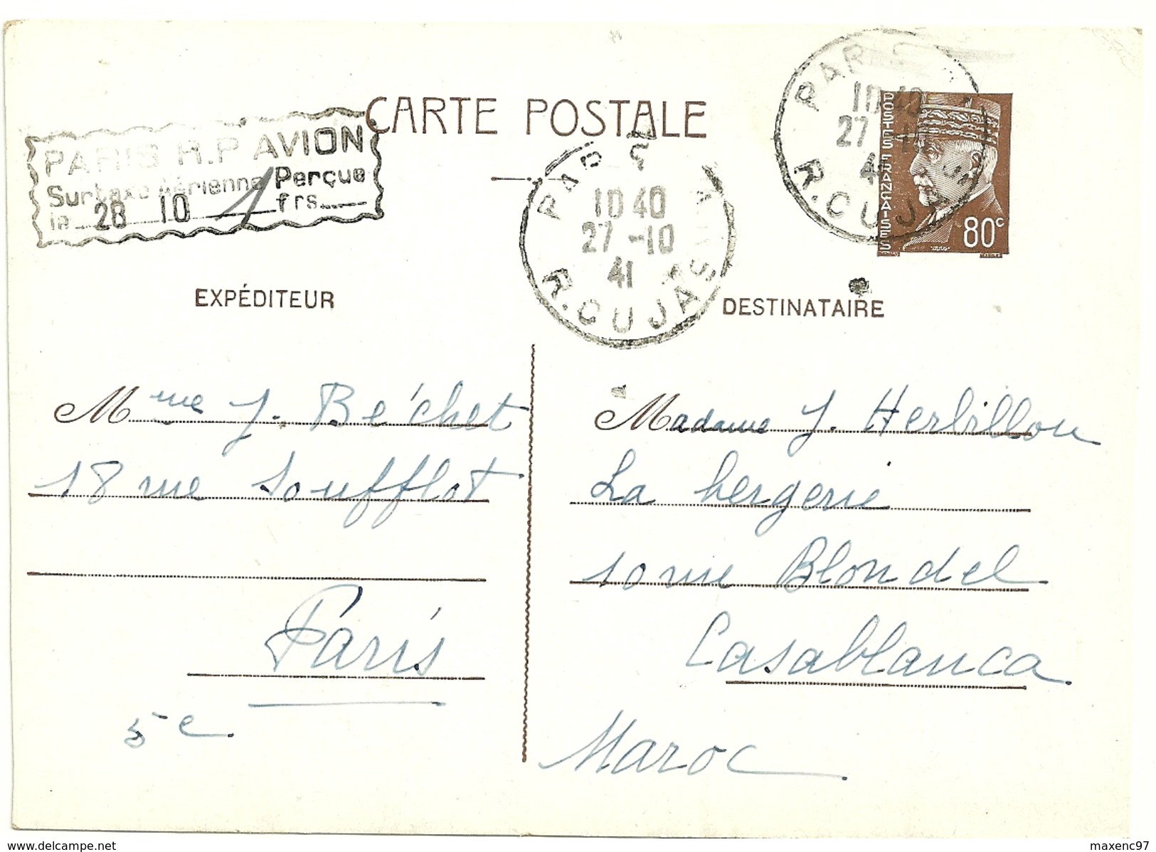 ENTIER POSTAL 80c PETAIN 512 CP2 DE PARIS POUR LE MAROC GRIFFE PARIS RP AVION - Standard- Und TSC-AK (vor 1995)