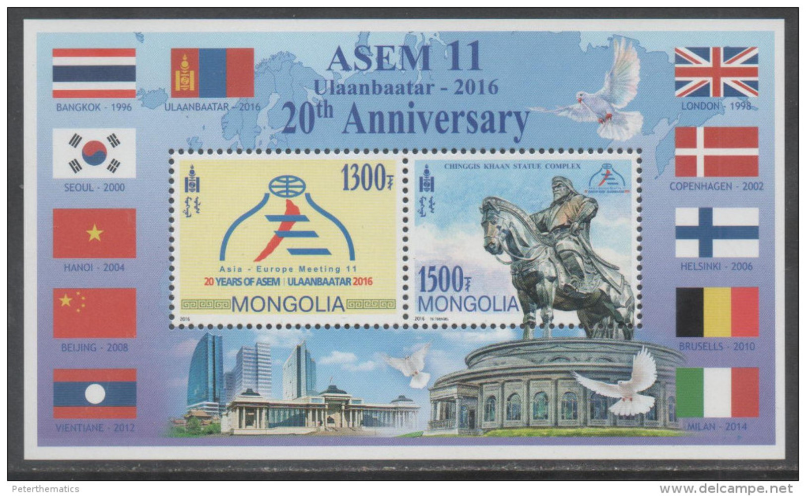 MONGOLIA, 2016, MNH, 20TH ANNIVERSARY  ASEM, FLAGS, GHENGHIS KHAAN, S/SHEET - Briefmarken