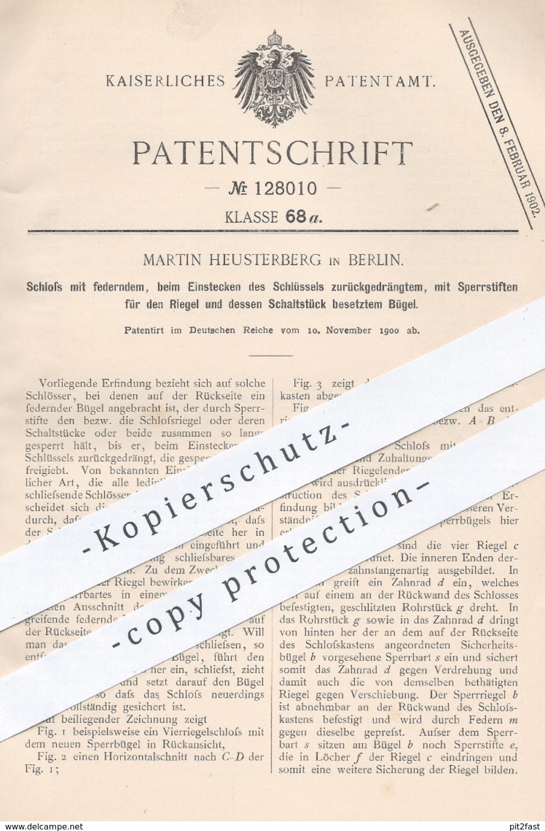 Original Patent - Martin Heusterberg , Berlin , 1900 , Schloss | Türschloss , Tür , Schlosser , Schlosserei !! - Historische Dokumente